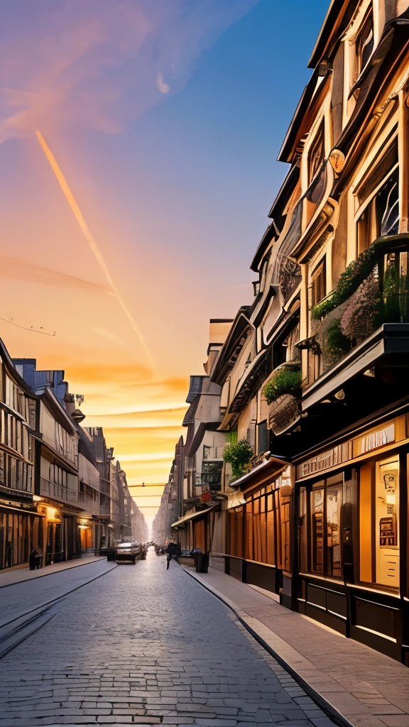 Amidst an enchanting street scene reminiscent of a bustling wizarding world, a massive, intricately detailed dragon perches atop a grand building, possibly a bank, its fierce expression and wide wingspan creating a striking focal point. The dragon’s scales glimmer subtly, capturing the warm hues of a sunset that casts a magical glow over the cobblestone street, accentuated by the soft light spilling from the building's windows. Flanking the scene are charming old buildings with varied architectural styles, adorned with vintage signs and additionally illuminated street lamps that enhance the nostalgic ambiance. The overall composition conveys an exciting blend of fantasy and history, evoking a sense of wonder and adventure in this captivating location.