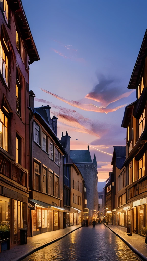 Amidst an enchanting street scene reminiscent of a bustling wizarding world, a massive, intricately detailed dragon perches atop a grand building, possibly a bank, its fierce expression and wide wingspan creating a striking focal point. The dragon’s scales glimmer subtly, capturing the warm hues of a sunset that casts a magical glow over the cobblestone street, accentuated by the soft light spilling from the building's windows. Flanking the scene are charming old buildings with varied architectural styles, adorned with vintage signs and additionally illuminated street lamps that enhance the nostalgic ambiance. The overall composition conveys an exciting blend of fantasy and history, evoking a sense of wonder and adventure in this captivating location.