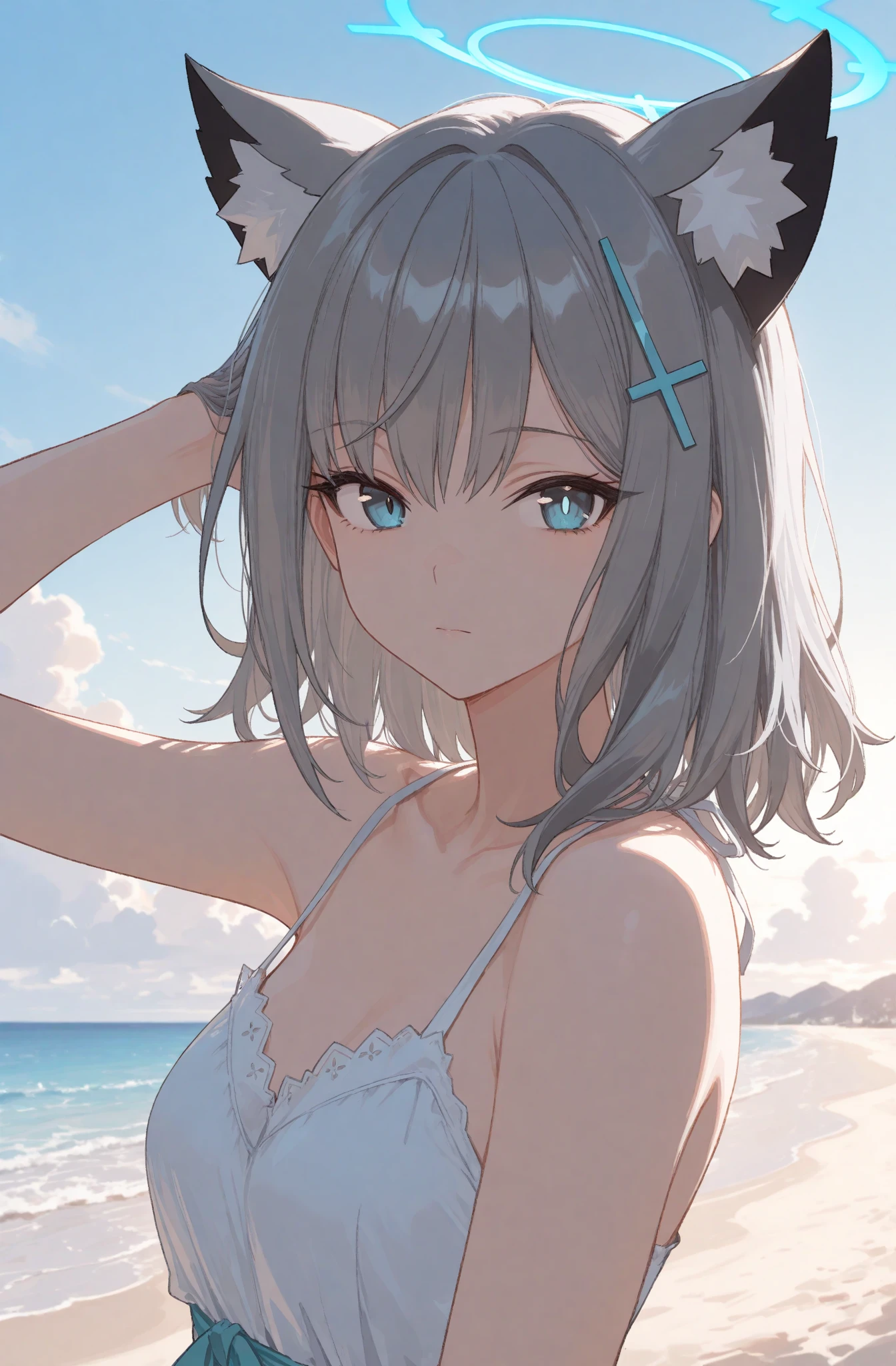 Highest quality, cute, pastel colour, Fluffy white bunny ears, smile,Silver Hair,Blue eyes,wallpaper style,Beach、Sandy Beach、Swimwear、