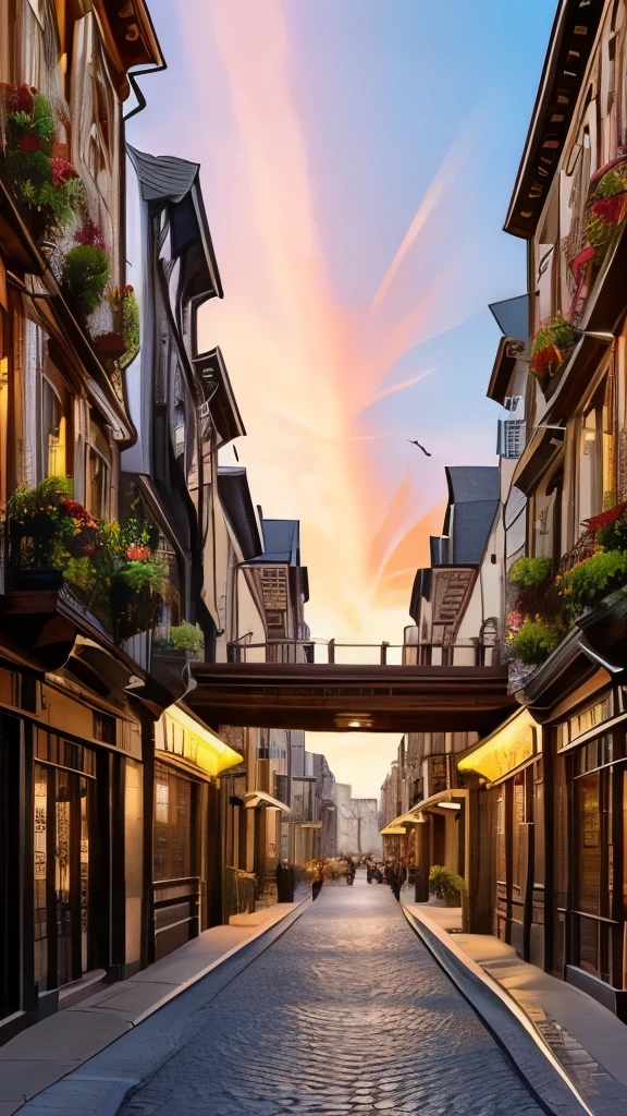 Amidst an enchanting street scene reminiscent of a bustling wizarding world, a massive, intricately detailed dragon perches atop a grand building, possibly a bank, its fierce expression and wide wingspan creating a striking focal point. The dragon’s scales glimmer subtly, capturing the warm hues of a sunset that casts a magical glow over the cobblestone street, accentuated by the soft light spilling from the building's windows. Flanking the scene are charming old buildings with varied architectural styles, adorned with vintage signs and additionally illuminated street lamps that enhance the nostalgic ambiance. The overall composition conveys an exciting blend of fantasy and history, evoking a sense of wonder and adventure in this captivating location.