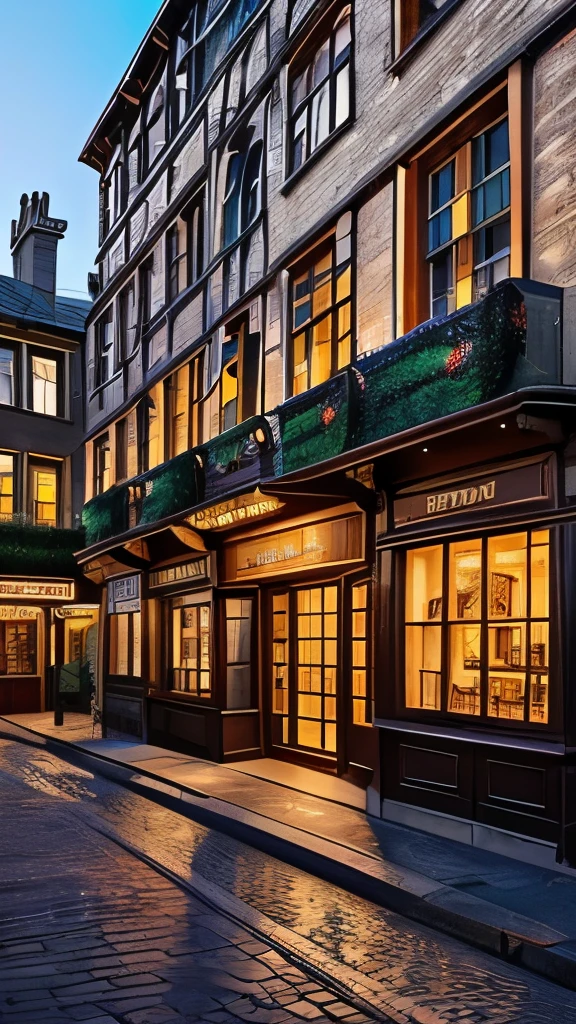 Amidst an enchanting street scene reminiscent of a bustling wizarding world, a massive, intricately detailed dragon perches atop a grand building, possibly a bank, its fierce expression and wide wingspan creating a striking focal point. The dragon’s scales glimmer subtly, capturing the warm hues of a sunset that casts a magical glow over the cobblestone street, accentuated by the soft light spilling from the building's windows. Flanking the scene are charming old buildings with varied architectural styles, adorned with vintage signs and additionally illuminated street lamps that enhance the nostalgic ambiance. The overall composition conveys an exciting blend of fantasy and history, evoking a sense of wonder and adventure in this captivating location.