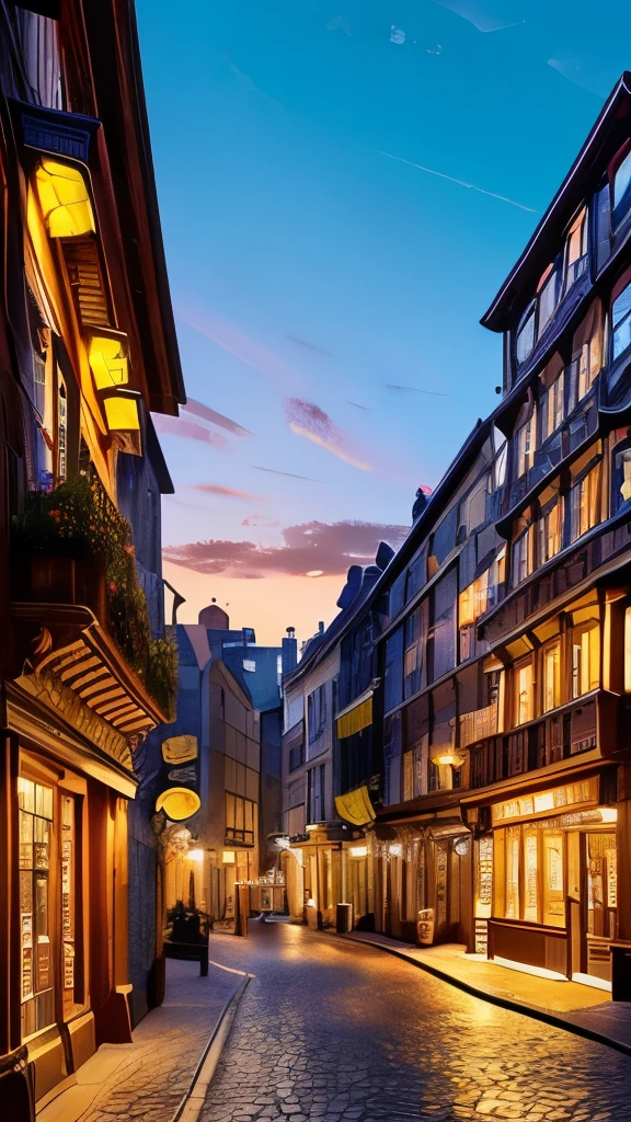 Amidst an enchanting street scene reminiscent of a bustling wizarding world, a massive, intricately detailed dragon perches atop a grand building, possibly a bank, its fierce expression and wide wingspan creating a striking focal point. The dragon’s scales glimmer subtly, capturing the warm hues of a sunset that casts a magical glow over the cobblestone street, accentuated by the soft light spilling from the building's windows. Flanking the scene are charming old buildings with varied architectural styles, adorned with vintage signs and additionally illuminated street lamps that enhance the nostalgic ambiance. The overall composition conveys an exciting blend of fantasy and history, evoking a sense of wonder and adventure in this captivating location.