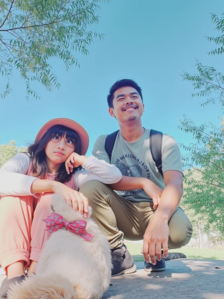 Couple, girl with black hijap cover her hair, white shirt, smiling open mouth, happy, tall 168 cm, weight 80 kl,
Man back of her , his shoulders and head over the girl body, he wears forest green hoodie with black, he wears black cap, he is smiling open mouth, happy, with very short beard,
They are in street road in forest area