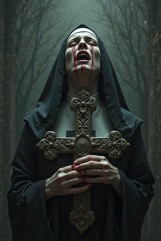 Create a dark and horrifying digital artwork featuring a demonic nun with twisted, black horns protruding from her head. She has pale skin, glowing white eyes, and an open mouth with a long, blood-dripping tongue. Her body is covered in tattoos of skulls and dark symbols. The nun is holding a large, blood-soaked cross with a chained rosary wrapped around it, and a suffering face is embedded in the cross. The background is filled with shadowy figures resembling skeletons or demonic entities, with a foggy and eerie atmosphere.