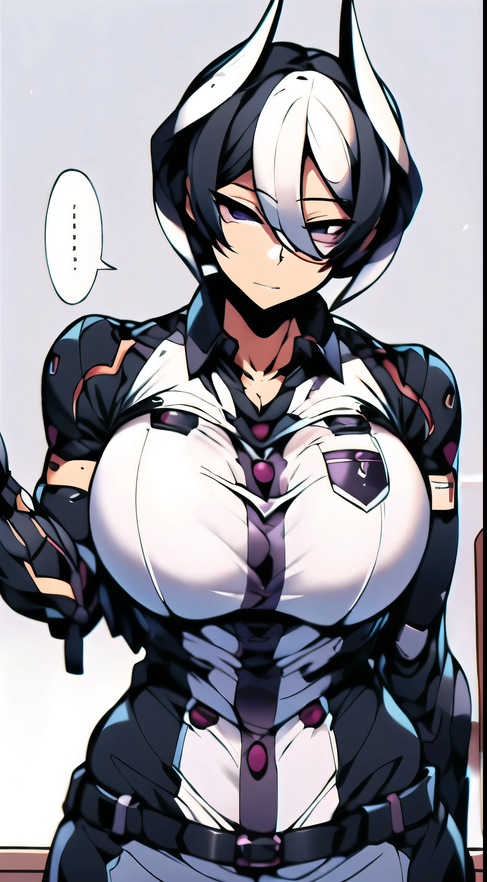 Adult women,short black hair samurai armor,Masterpiece,high quality,white background,purple eyes shirt,big breasts,30-year-old woman,Female teacher,wearing a master costume,(The right hand is a mechanical arm),Mother and daughter