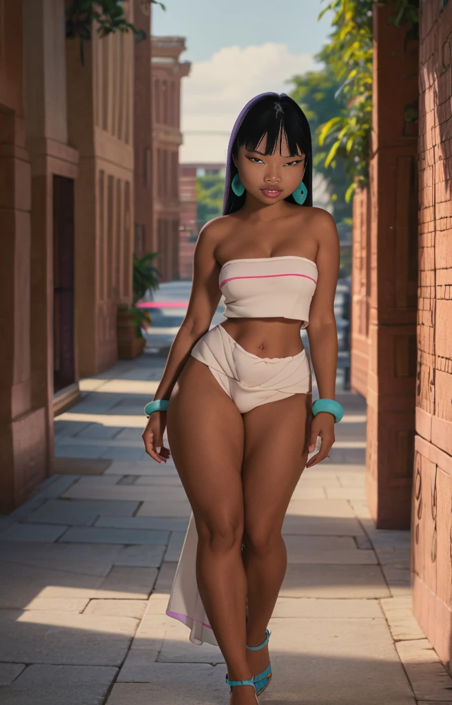((Realistic lighting, Best quality, 8K, Masterpiece: 1.3)), ((Clear focus: 1.2)), 1 girl, ((Perfect Figure: 1.4)), ((Slim Abs: 1.1)), See through, tight clothing, ((african, dark skin, tanned brunette girl, wavy hair)), (panties: 1.4), (Striped crop top: 1.4), (Outdoor, Night: 1.1), City streets, Super fine face, Fine eyes, Double eyelids,