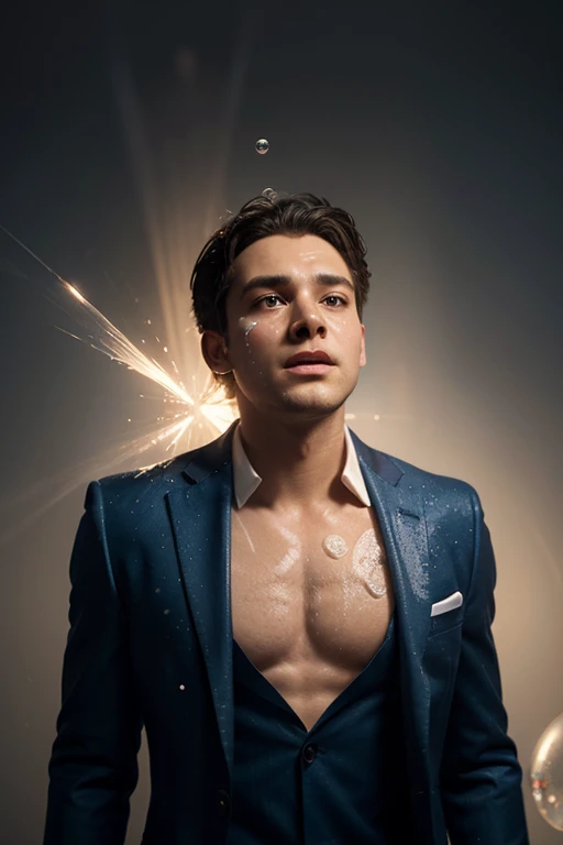 (8K, RAW photos, Highest quality) masterpiece, 1 boy, 18 years old, coquettish style pose, wearing a red knitted cardigan (( 1 buttoned)), naked, (( showing 1 big real penis)), (  (1 perfect penis head), ((perfect testicles)).  ,Asian muscular man Look at the viewer, standing, pampered style pose, showing his big muscular breasts, puffy nipples, sexy six pack, slim waist, Handsome, Thick body hair, gradient background, Glitter & Sequin Background, cinematic lighting, UHD
