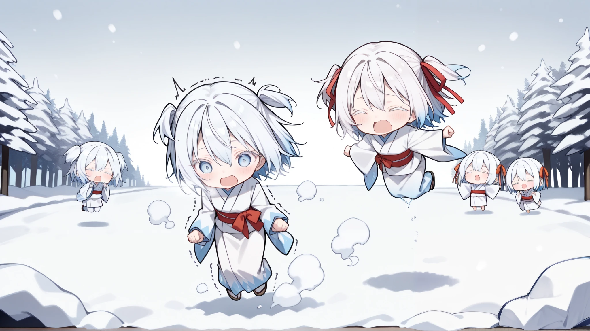 score_9, score_8_up, score_7_up, snow, (multiplied chibi:1.2, 6+chibi, yuki onna, white hair, short hair, two side up, habitual hair, red ribbon), (((chibi:1.2, thin, petite, short body))), (white kimono, chill, cold, steam), surprised pose, jumping, (warp back), cute face, white eyelashes, lower eyelashes, blash, surprised, painful, wince, closed eyes, shout, open mouth wide, trembling