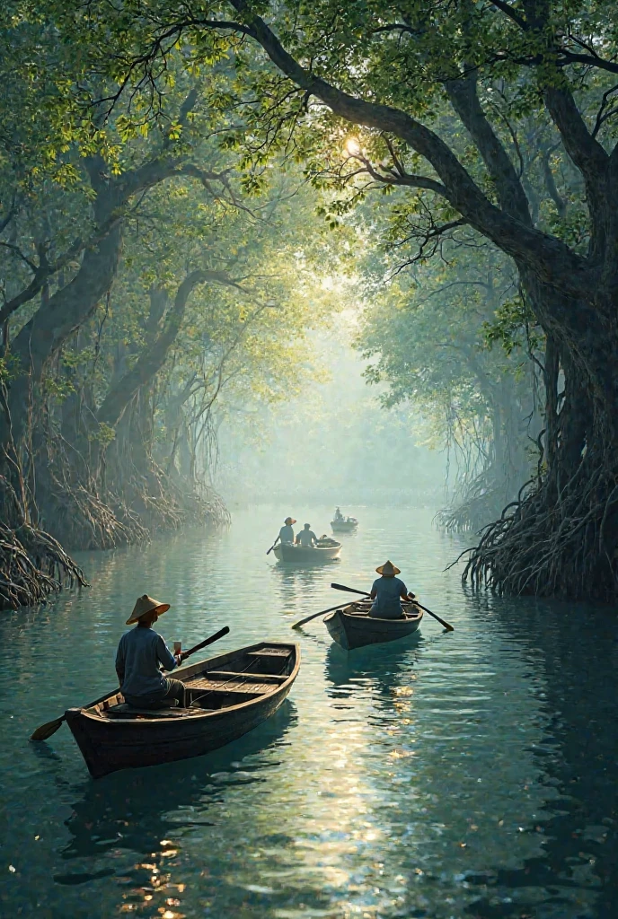 Swamp lake people with dugout canoe from afar photorealism realistic