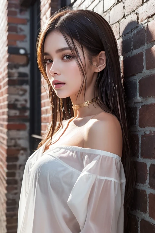 Best quality, 8k,  ,Masterpiece :1.3)), facing viewer,((full body1.2)) ,pretty woman, wide shot ,1girl, , selfie   , ,  Graffiti Wall, brown hair  , bangs,ultra-detailed face, highly detailed lips, detailed eyes, double eyelid