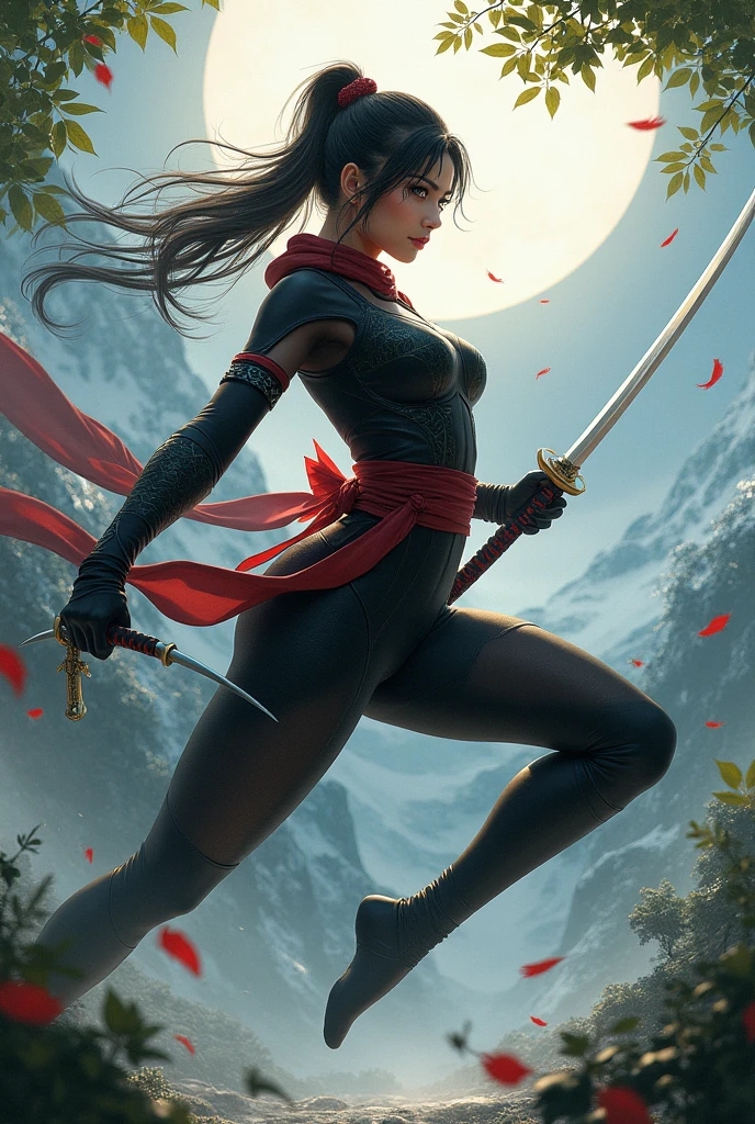 ninja elektra, dynamic pose, alone, Incredible photorealistic portrait of a beautiful woman, elektra character (((1woman long black hair, long hair, small breasts))) (((full red suit, corset and panties, red corset, ribbons red fabric flying, fabric ribbons on legs, sexy, dynamic,) )) (((katana in hand)))spectacular Japanese temple background, night, fog, dynamic pose, (best quality, 4k, 8k, high resolution, masterpiece: 1.2), ultra-detailed, (realistic, photorealistic, photorealistic: 1.37), details intricate, vivid colors, sharp focus, professional, Dave McKean artwork, surrealism oil touch, oil painting style, portrait, woman, beautiful detailed eyes, beautiful detailed lips, dreamy atmosphere, shadow play, lighting soft, fun pose, dark tones, ethereal background, fantasy elements, texture, layered composition.art inspired by Bill Sienkiewicz and Dave McKean

