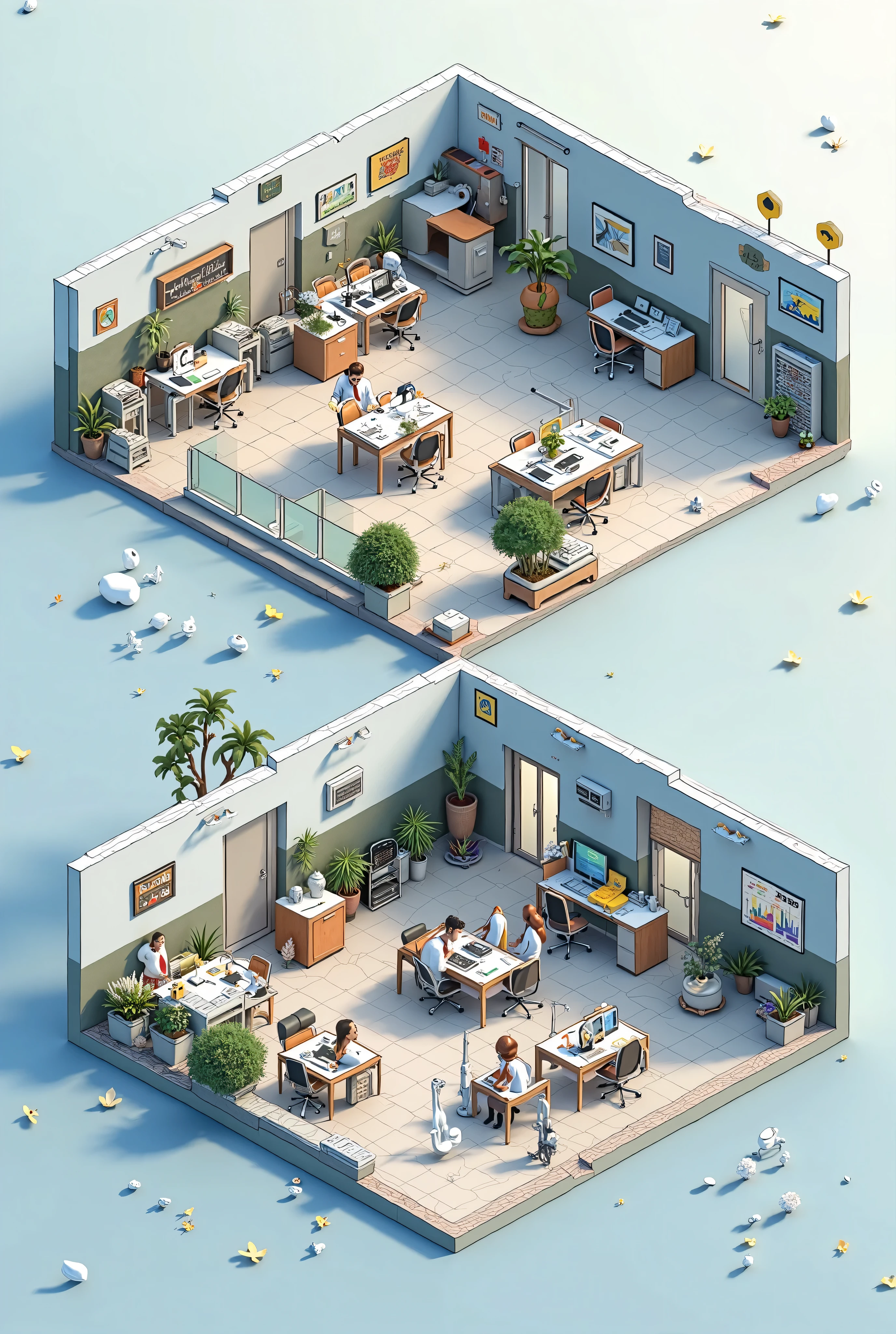 Create a mockup image of a two-tier company with a manager, receptionist, Secretary, accounting, auxiliar de accounting, waiting room, audit, employee canteen, bathrooms and parking 