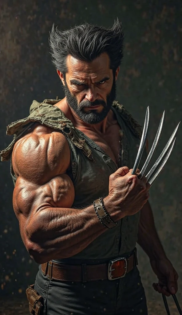 Wolverine dangerous looks looking, strong arms and chest , realistic, looks like movie photo 