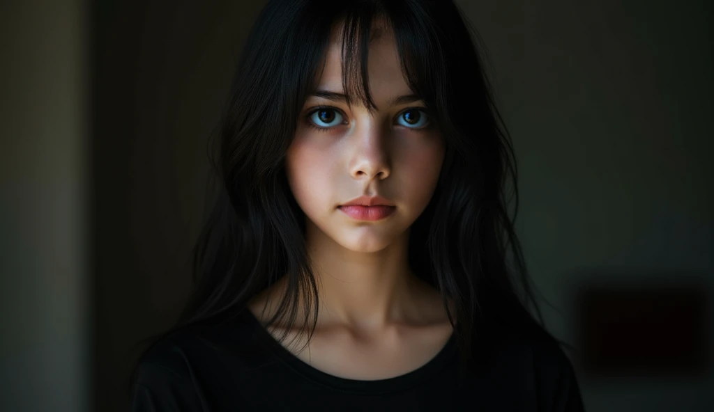 A 13 years old girl with pale skin and long, straight black hair. large and dark eyes , with an intense and enigmatic expression. wearing the orphan movie clothe style, with a more elegant and sophisticated touch, something that matches her mysterious and strong personality. Overall, her appearance would be striking, attracting curious and intrigued looks. flat chested, cinematic lighting, chromatic aberration, backlighting, masterpiece, high details, high quality, 4K.