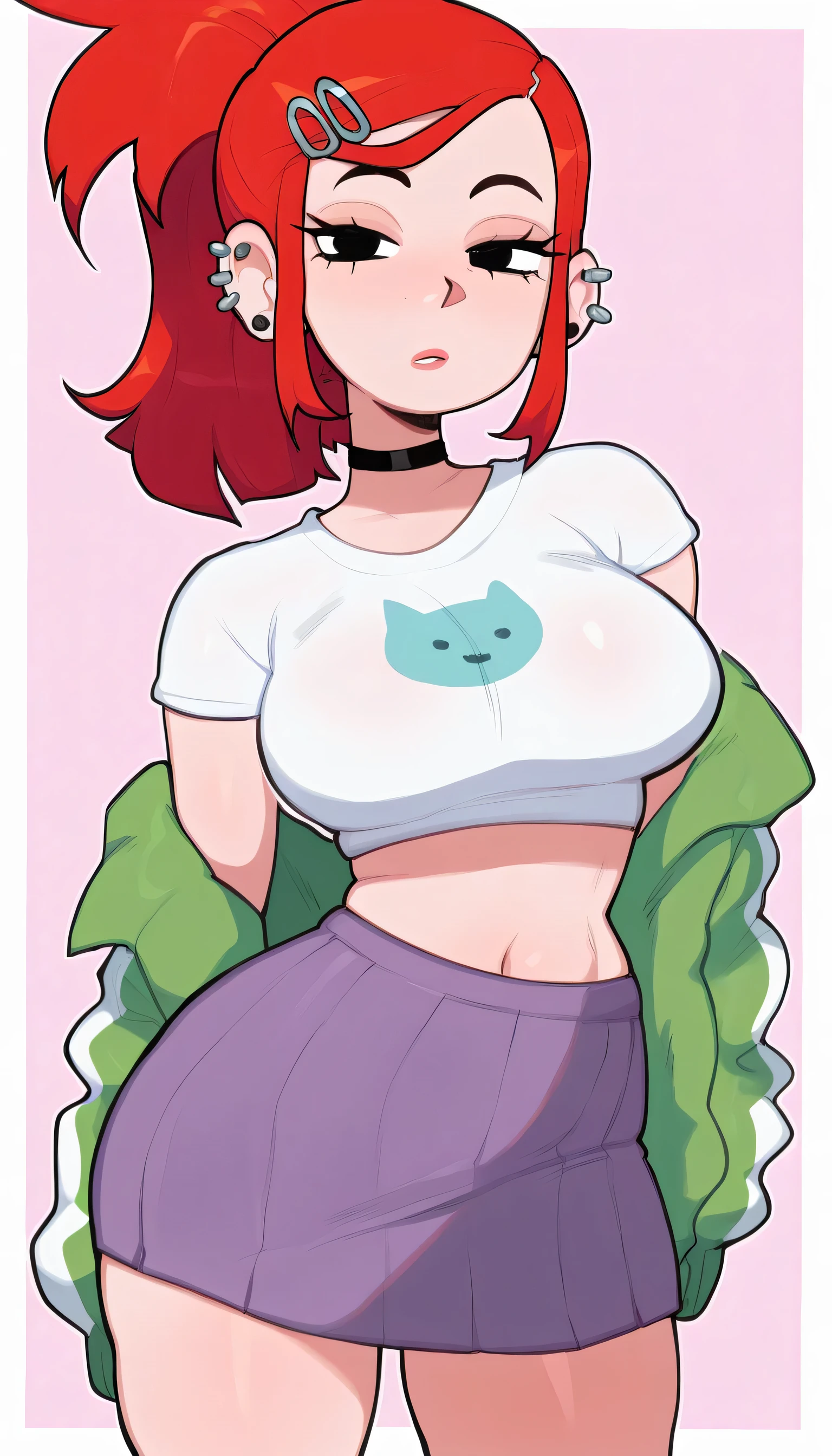 Masterpiece, better quality, Absurds, very aesthetic, a girl, Alone , slow down, red hair, hair ornament, ponytail, spiky ponytail, Beautiful hair, black eyes,  pinza , ear piercing, earrings, black choker, white shirt,  crop top, green jacket,  midriff, open clothing,  purple skirt , mini fold,  Polka dot background , white border , Big breasts, off the shoulder, Navel Peek , narrow waist,  of foot, Big breasts,  cowboy shot, girl poses dynamically,