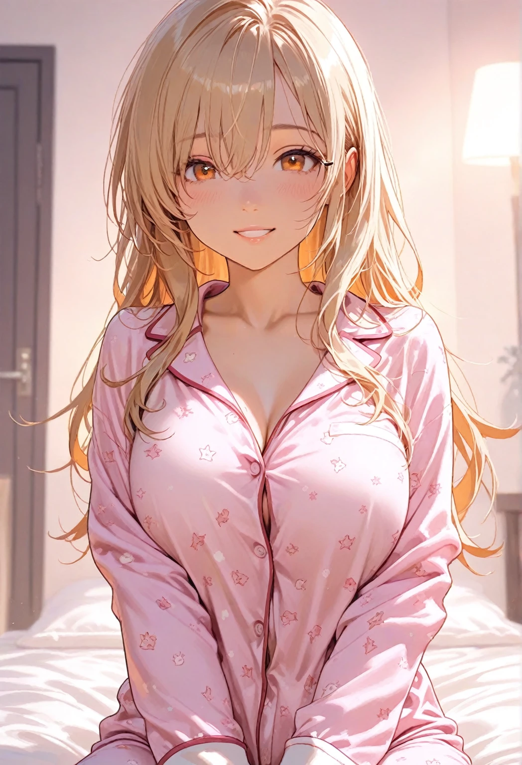 absurderes, ultra-detailliert,bright colour, extremely beautiful detailed anime face and eyes,top-quality、Masterpiece、Stylish in the morning,bedroom,(sexy smile:1.3)、(put out the tongue:1.5)、pink bra、a blond、Straight hair、(Fluffy pajamas:1.3)、on the beds、laying on back、slender white body、(Put your hands on your chest:1.4)、(medium breast:1.2)、(deep blue eyes:1.3)、blushing、Small necklace
