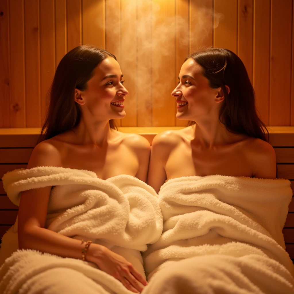 Luxury Spa, Massage parlor with 2 women in kimonos showing their huge buttocks, turning towards the wall, In the background a statue of Buddha and candles