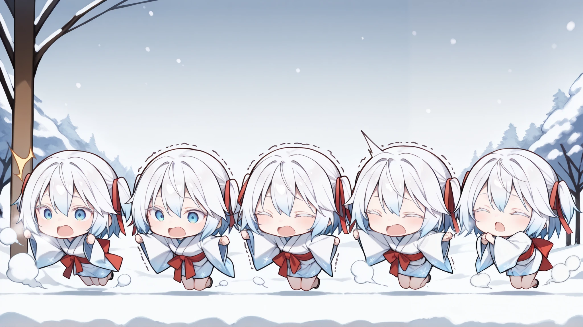 score_9, score_8_up, score_7_up, snow, (multiplied chibi:1.2, 6+chibi, yuki onna, white hair, short hair, two side up, habitual hair, red ribbon), (((chibi:1.2, thin, petite, short body))), (white kimono, chill, cold, steam), surprised pose, jumping, (warp back, hold head), cute face, white eyelashes, lower eyelashes, blash, painful, wince, closed eyes, shout, open mouth wide, trembling