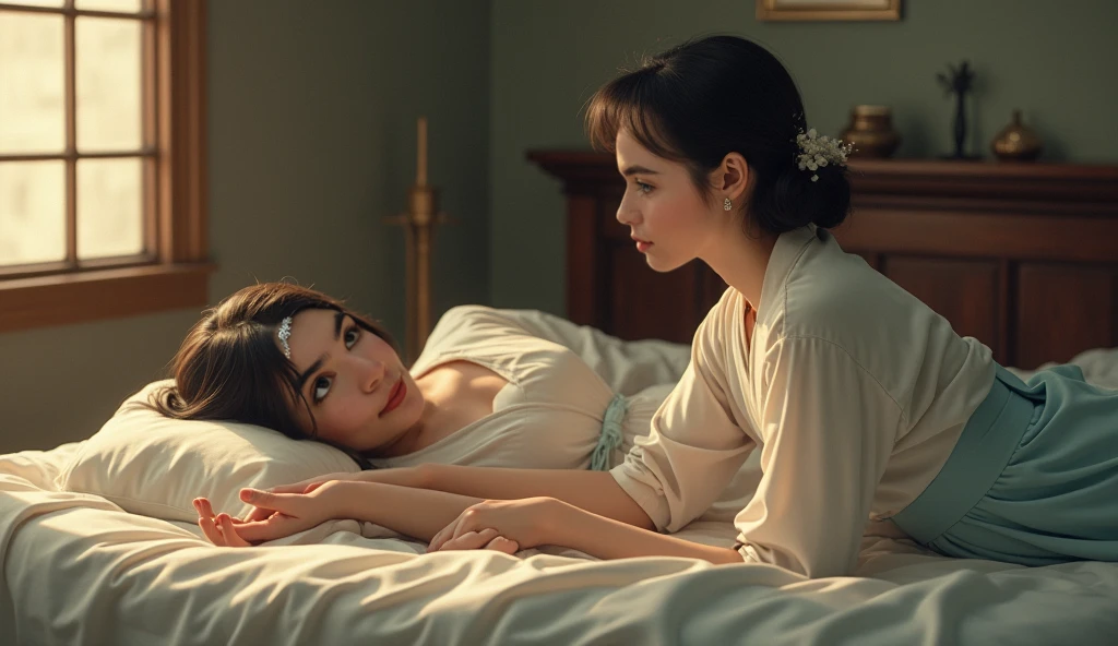 A hyper-realistic, magical artwork depicting a romantic scene of a couple emerging from a cup of coffee. The couple, made of swirling coffee and cream, embraces tenderly, their forms elegantly interwoven with steam and liquid patterns. The scene is illuminated by a soft, warm light, highlighting the textures and colors of the coffee and cream. Coffee beans are scattered around the base of the cup, adding to the rich, aromatic atmosphere. The background is dark and moody, enhancing the ethereal glow around the couple, creating an intimate, fairy-tale ambiance.