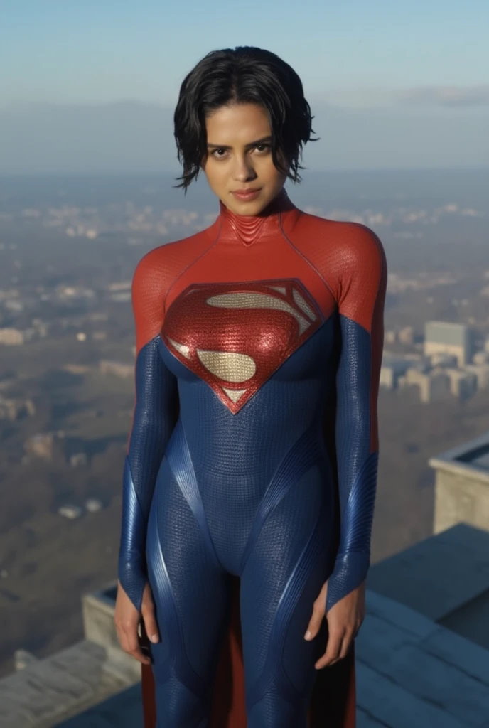solo, 1girl, 5uper, supergirl, black hair, pixie haircut, blue eyes,muscular strong body,big bulging biceps, blue bodysuit,posing,flexing, long sleeves,high detail,realistic