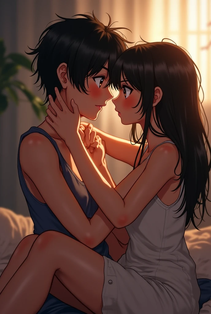 shinkai makoto, kimi no na wa., 1girl, 1boy, bangs, black hair, short hair, blush, (boy wear casual shirt, shorts), ((girl wear idol clothes, collarbone, pink bikini, pink skirt, short skirt, Off-the-shoulders, black thighhighs)), cute, love, couple, adorable, dating, (((kiss, deep kiss))), closed eyes, passionate hug, indoors, night background, bedroom, sitting on the bed, romantic atmosphere