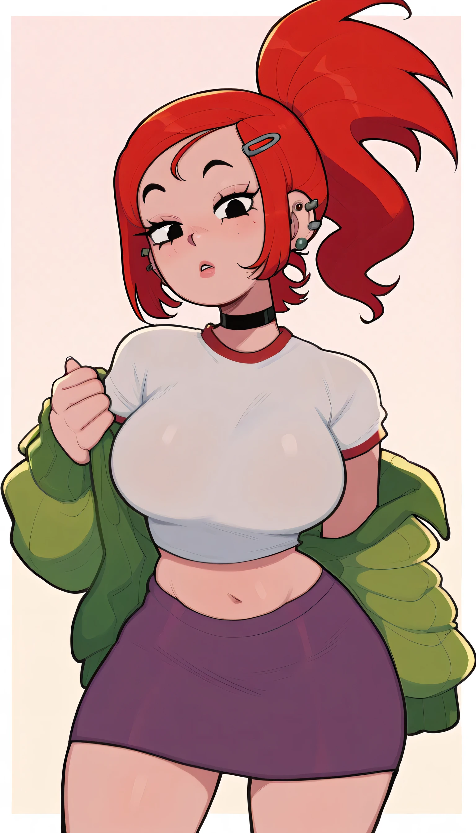 Masterpiece, better quality, Absurds, very aesthetic, a girl, Alone , slow down, red hair, hair ornament, ponytail, spiky ponytail, Beautiful hair, black eyes, pinza , ear piercing, earrings, black choker, white shirt, crop top, green jacket, midriff, open clothing, purple skirt , mini fold, Polka dot background , white border , Big breasts, off the shoulder, Navel Peek , narrow waist, of foot, Big breasts, cowboy shot, girl poses dynamically,