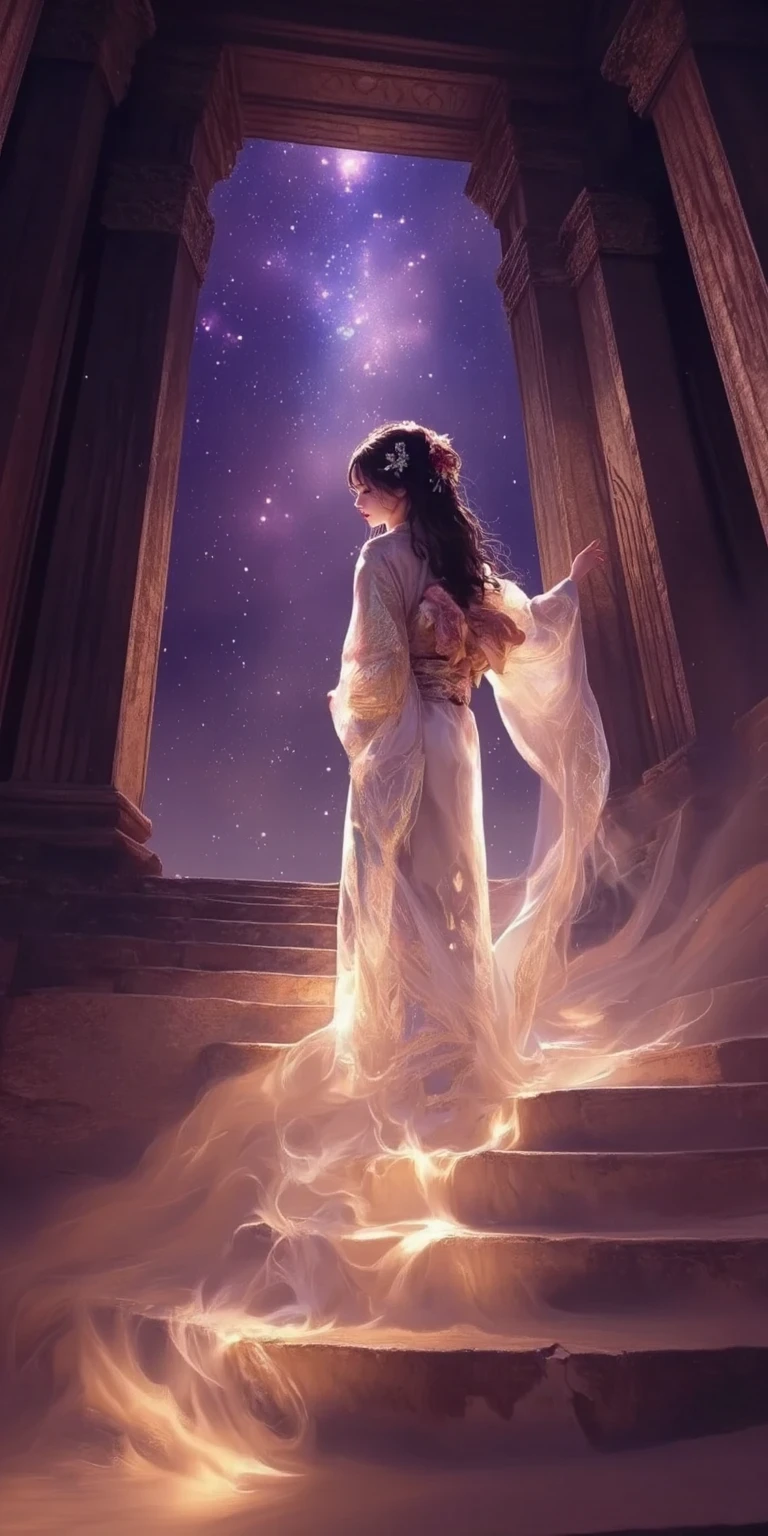 woman in Japanese kimono climbing the steps of an ancient Roman temple、white and gold glowing kimono、Looking Back、Detailed black eyes、black hair、wavy hair up to the waist、Long staircase、Strong winds、dark purple starry sky、Sand Dust、Ultra Wide Angle、from below、Top Quality、high image quality、masterpiece:1.4、high definition、absurd、8k、Spirit of the Wind、PA311