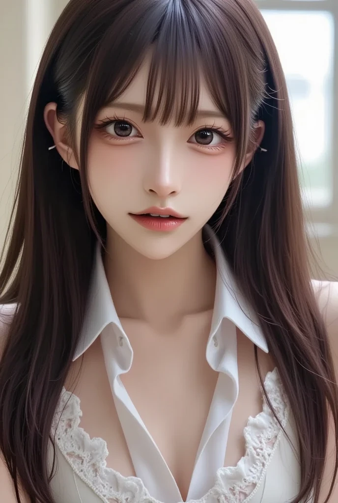 highest quality、masterpiece、High resolution、Look up at the viewer、Gray hoodie outfit、(Very delicate face)、(A sweet smile)、blush、Brown Hair、Long Hair、ponytail、Hair tucked behind ear、Hair curled、Dark Eyes、Detailed eyes、Absurd,High resolution,Super detailed,Very detailed,32k,8K resolution, Complex details dynamic angles, Natural light、Downtown Tokyo