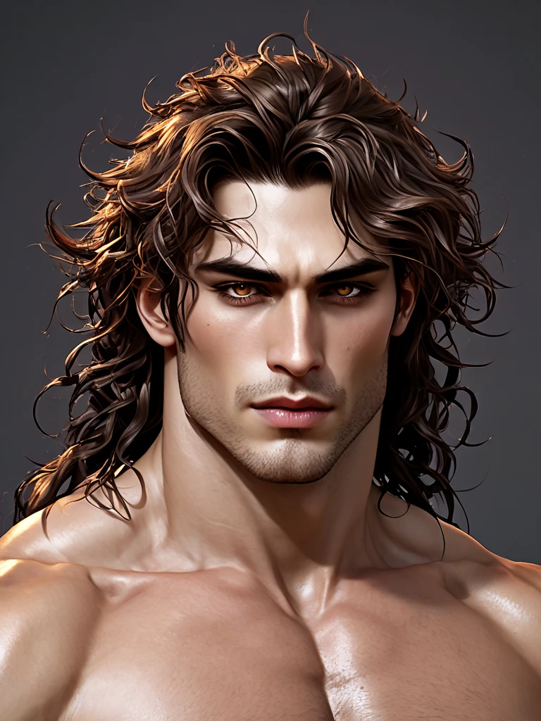 An 18-year-old boy bodybuilder, embodying the perfect fusion of Joey Lawrence and Cody Calafiore with long hair, exuding an aura of strength and confidence. Enhanced with HDR technology, this image depicts a true masterpiece, 4K resolution, flawlessly rendered anatomy, photorealistic painting by Adam Dario Keel, trending on Artstation, hyperrealism