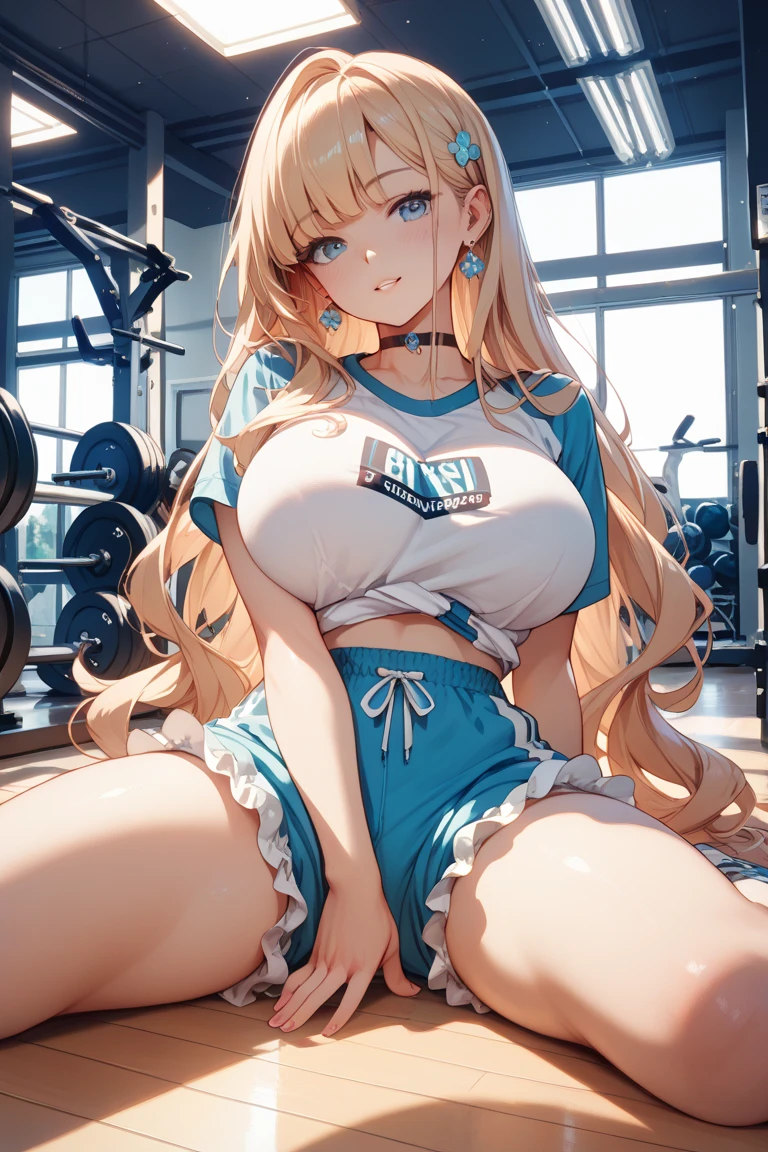 1 girl,Plump figure,extremely huge,in the gym,Ride on a giant balancing ball,Sweating,