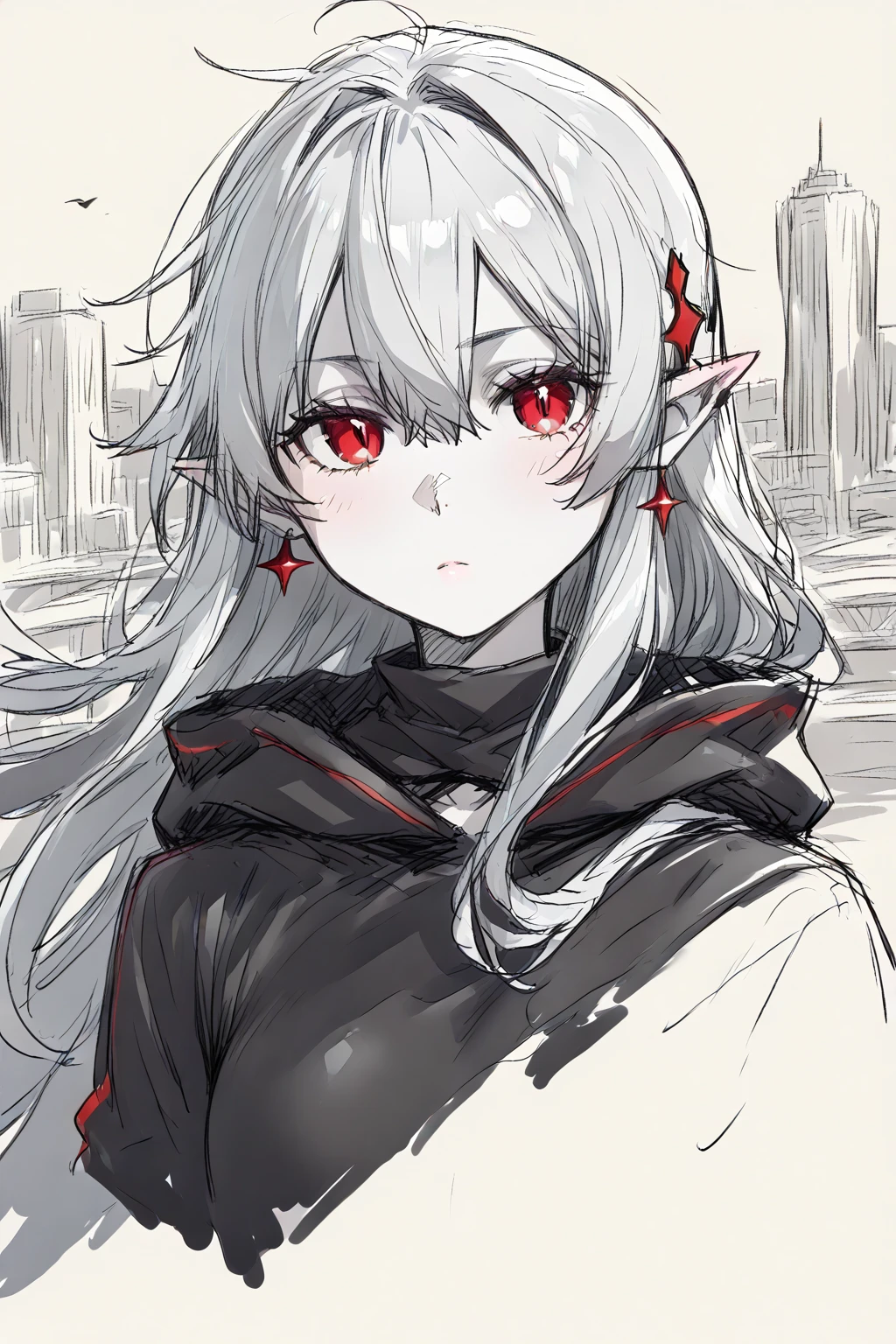 ( very beautiful night view of a big city)。(((portrait))),is standing。My hair is fluttering in the wind。(((Strong winds))), melancholy expression ,,,profile。sideview。Fromside。1girl,(Warfarin)),((Warfarin_\(arknights\))), Warfarin_\(arknights\), Gray Hair。longhair。 pointed ears。Red eyes。 black hoodie 。 white skin。 ((partially colored)), (((rough sketch))) , graphite (medium), , linear hatching, great quality,( Flat Color ), very aesthetic, hatching (texture),,, colored pencil (medium), ((sketch)),Majo_PS