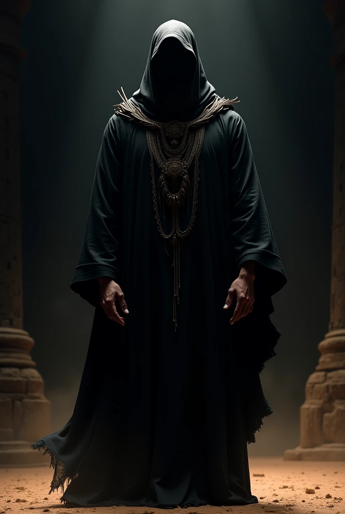 A man with a mask and a black cape stands infront of a old mysterious temple