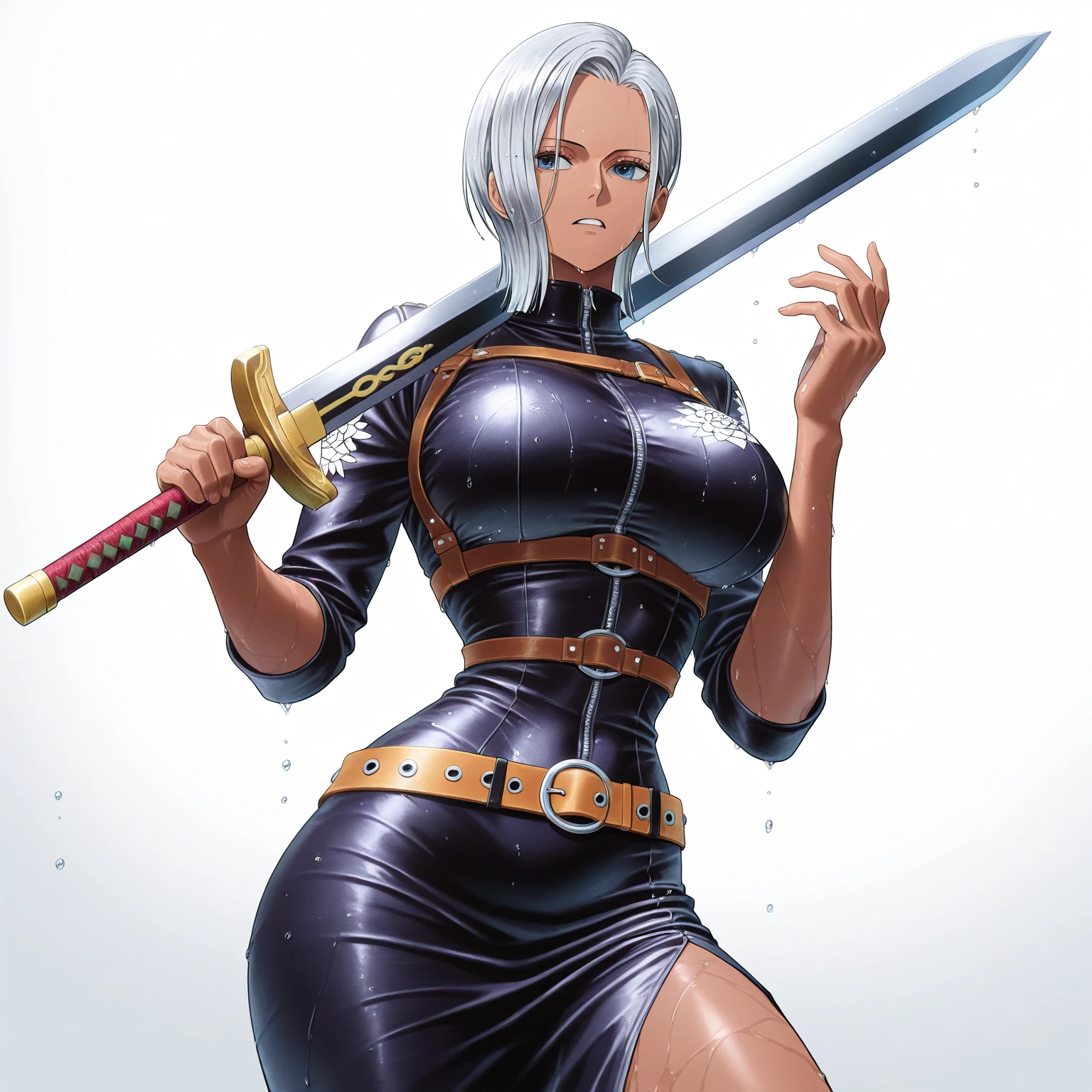 french victorian era black swordmaster longsword busty fit toned huge tits undercut white hair blue eyes piercings scars sexy classy badass outdoor 