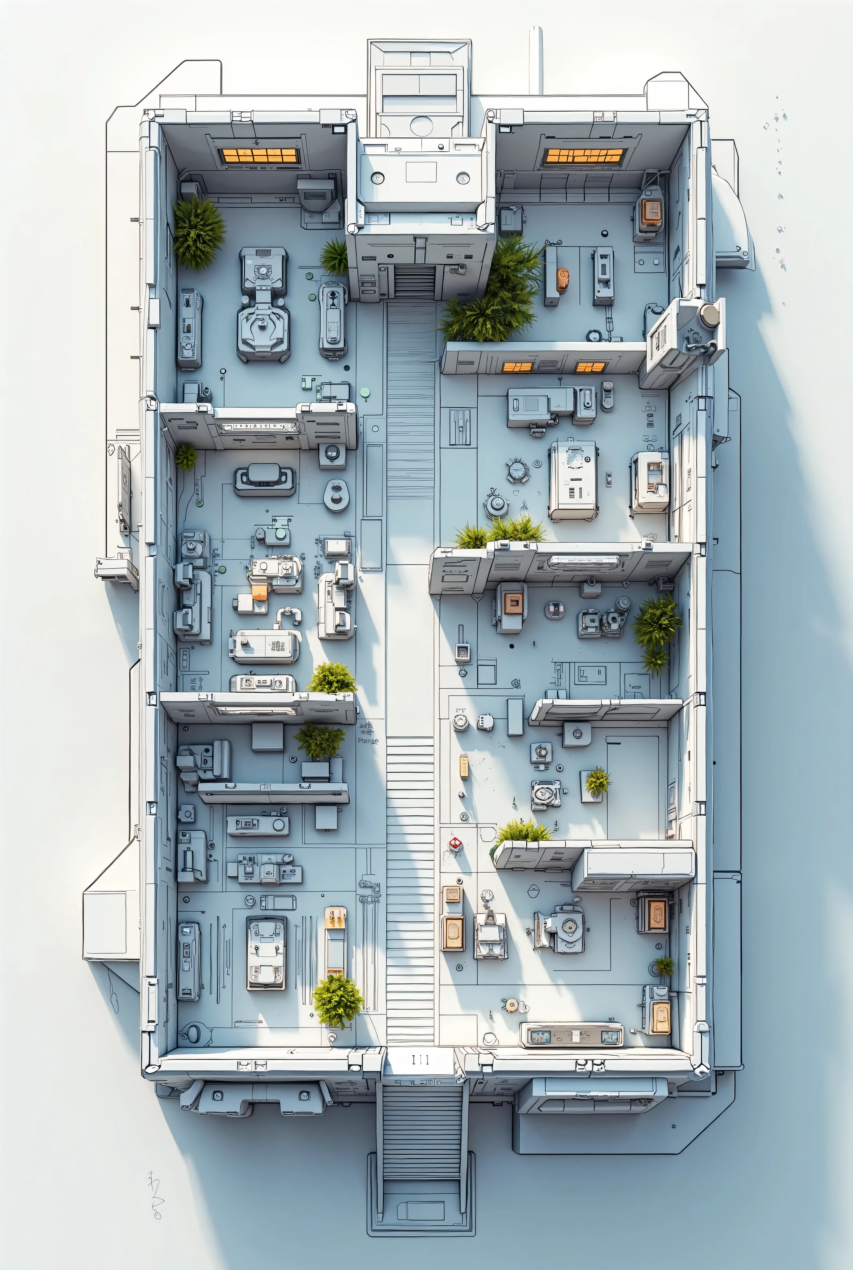 . Give me the 2D , Top view,  plan of a building used as a futuristic science laboratory 