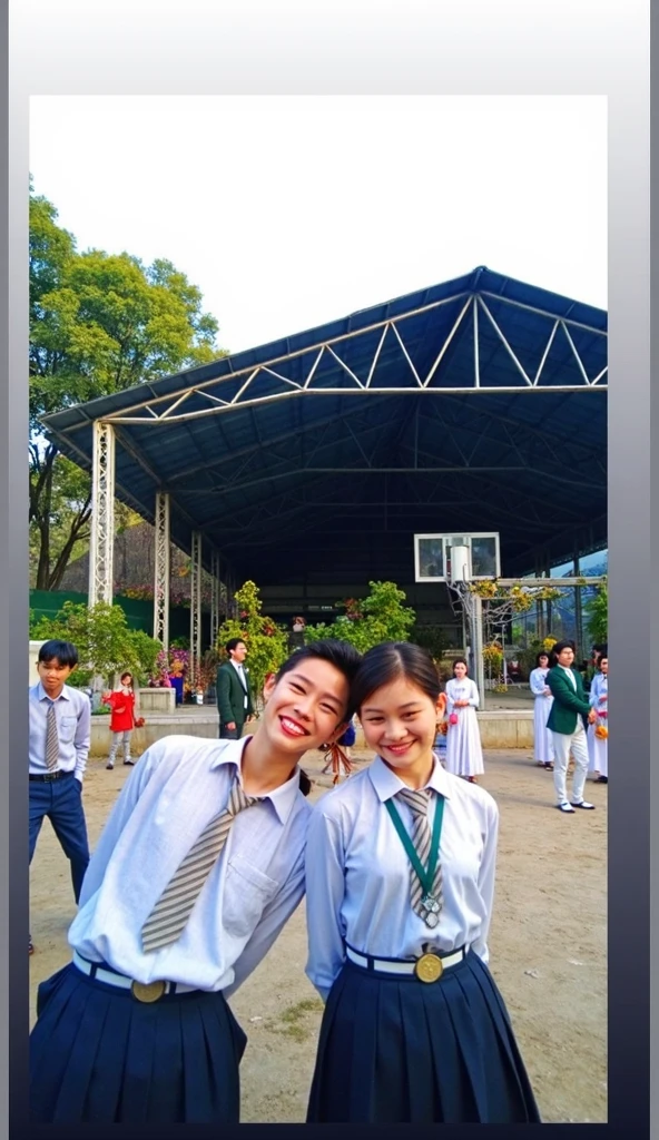 there are two people standing on a tennis court, wpol and sarasti, private moment, student, wearing headmistress uniform, protrait, couple, kuntilanak, in the background, in background, arsitektur nusantara, smooth in _ the background, shot with iphone 1 0, at day, during dawn, scout boy