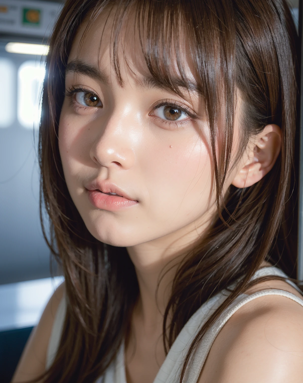 ((Full nudity:1.0)),Cute Japanese Women Photos, Little Woman, 20-year-old, Beautiful and perfect face, brown, Beautiful Face, thin: 1.2, (photo Realistic:1.4), (hyper Realistic:1.4), (Realistic:1.3),
(Smoother lighting:1.05), (Improving the quality of cinema lighting:0.9), 32k,
1 Girl,20-year-oldの女の子, Realistic lighting, Backlight, The light shines on your face, Ray Tracing, (Bright light:1.2), (Improvement of quality:1.4),
(Highest quality Realistic textured skin:1.4), fine grain, Detailed face,
(tired, Sleepy and happy), (smile:0), Face close-up, 
(Accentuates body lines:1.1), (Enhances the beauty of skin texture:1.1)