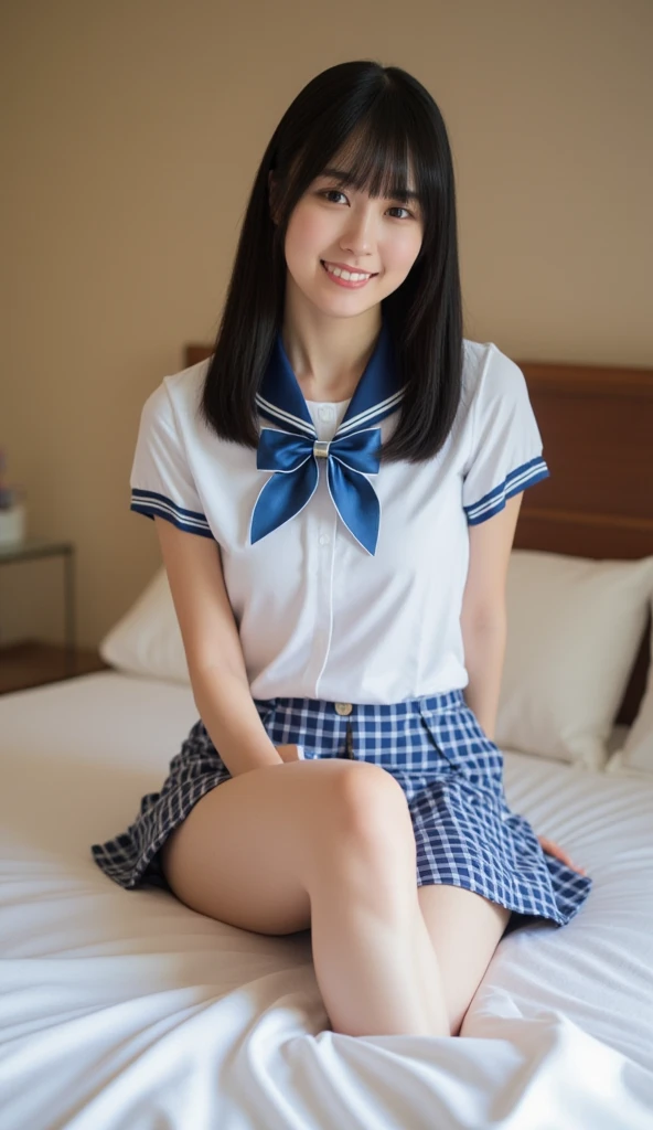 2 peopleの日本人女性, (smile:1.05),Browsing Caution、Camera angle looking up at the girl from waist height、8k,Highest quality, masterpiece, Very detailed, 超High resolution, Realistic, RAW Photos, , Absolute Resolution, Complete limbs、Complete Anatomy、Perfect beautiful skin、cute女の子1人,cute女の子 、、(smile:1.2)、ta girl、(school uniform:1.3)、(Sleeveless shirt:1.1)、 ((When you raise your arms above your head, Armpits are visible.))、、Micro Mini Skirt、、Accentuate your thighs、cute女の子、 , Realistic young gravure idol, Japanese Girls、、2 people、(Bedroom:1.2)、Mix 4, (16K, RAW Photos, Best image quality, masterpiece: 1.45), (Realisticな, Realistic: 1.37), Two Girls, cute, Professional Lighting, Photon Mapping, Bedroom, Physically Based Rendering, Dark brown long bob hair,beautiful, well-groomed eyes、double eyelid、With a girl, (((Sleeveless shirts worn by Japanese high school girls、Checked mini skirt,、Dark blue socks、Black Loafers))), Highest qualityの写真, High resolution, 1080P, (Clear Face), (Detailed face description), (Detailed hand description), (masterpiece), masterpiece、Rich details、(beautiful Faces)、(Highest qualityの写真)、(Detailed eyes)、 In front of you、Thin clavicle、((Slim and large))、(((In Japan, we wear short-sleeved shirts)))、((Pure Idol))、((明るいBedroom))、(Shot from random perspectives)、(((とにかくcute)))、smile、Drawing the whole body from the knees、 Nasolabial folds、(Large and firm breasts:1.2)、Tight big ass、Two arms and two legs、(((from the front:0.4)))、bare hands、Symmetrical eyes、