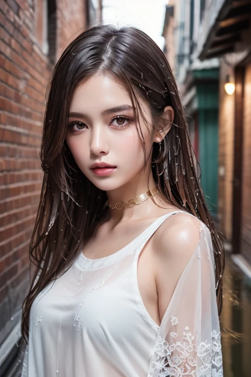 (Best quality, 4k, Masterpiece :1.3), pretty woman, 1girl, sexy :1.1, dark brown hair: 1.1, (rainy wet, wet from rain, wet body :1.2), white tank tops, ultra-detailed face, detailed lips, detailed eyes, double eyelid