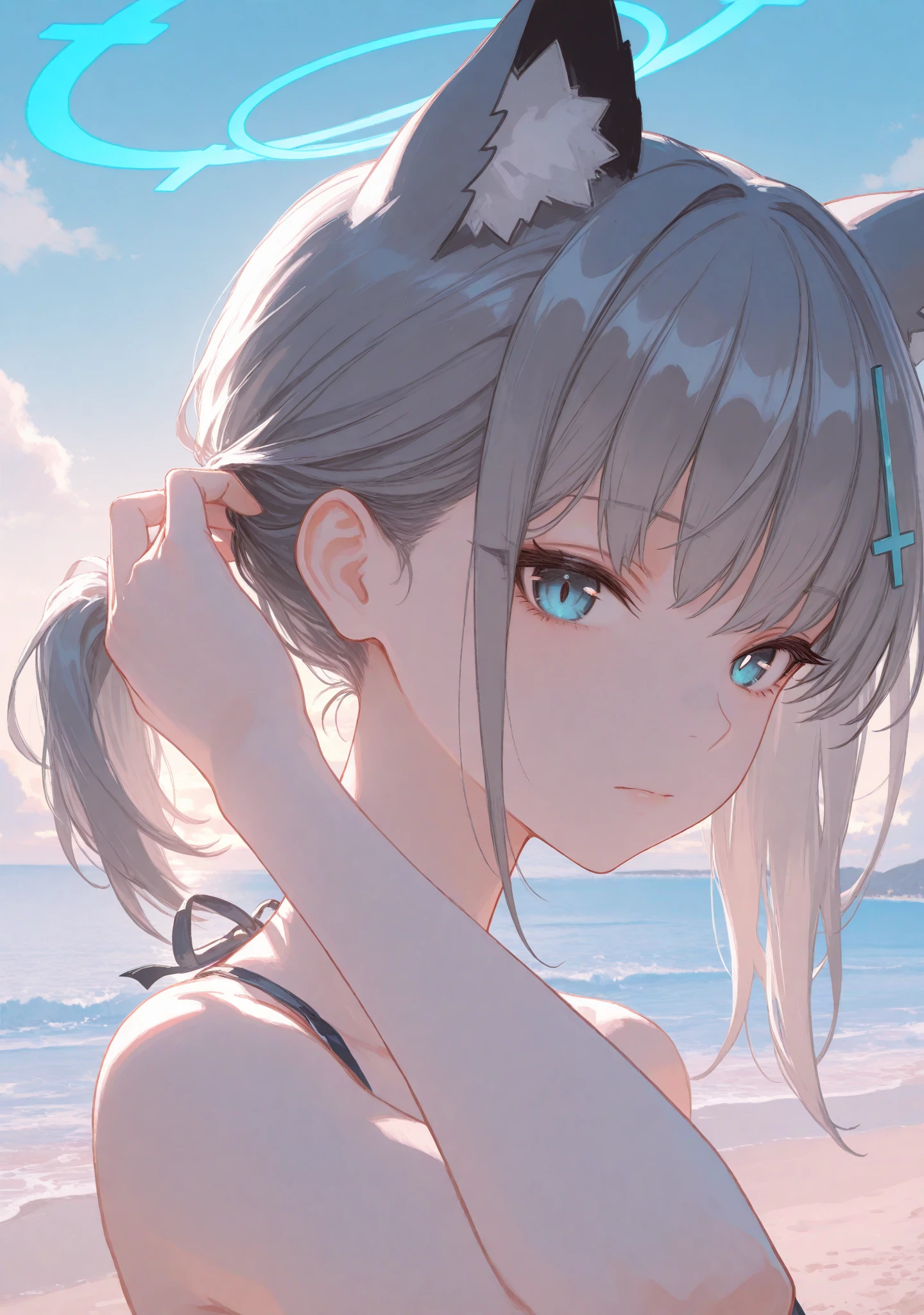 High resolution,
One beautiful young woman,Silver Hair、ponytail、
(Soft Saturation:1.3), (Fair skin:1.2),
(ultra-Detailed Background, Detailed Background), Bokeh,
break'Portrait of a smiling girl.,
When viewed from the front, The composition is symmetrical,
Looking straight at you with serious eyes,
break Swimwear、Center of chest,
Outdoor, Sea surface, null, sunlight,Summer beach, Sandy Beach,
Strong light, Front lighting,
(Teen:1.3), (Cowboy Shot:1.2),
Front brake angle,
View your audience,
Dynamic pose,
sitting on the beach
Seaweed、Seaweed、Seaweed、Seaweed、Seaweed、Seaweed、Seaweed、