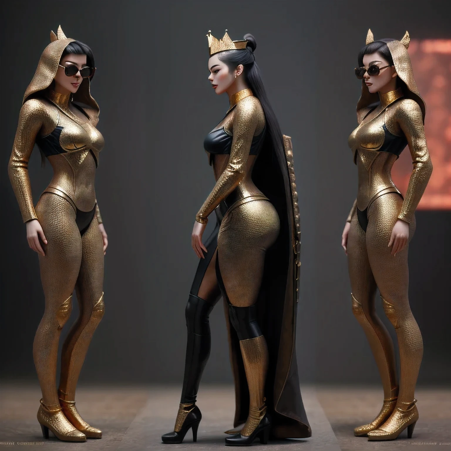 Naked woman dynamic pose, in transparent gold metal jewelry on whole body, by Dan Piraro, nude, long black hairs, (but extremely beautiful:1.4), large breasts, slim figure, wide hips, (intricate details, masterpiece, best quality:1.4) , in the style of nicola samori, silhouette contrast, Retro-futuristism, vintage sci fi, 50s and 60s style, atomic age, vibrant, highly detailed, retro futurism, dynamic pose, looking at viewer, futuristic steampunk background.