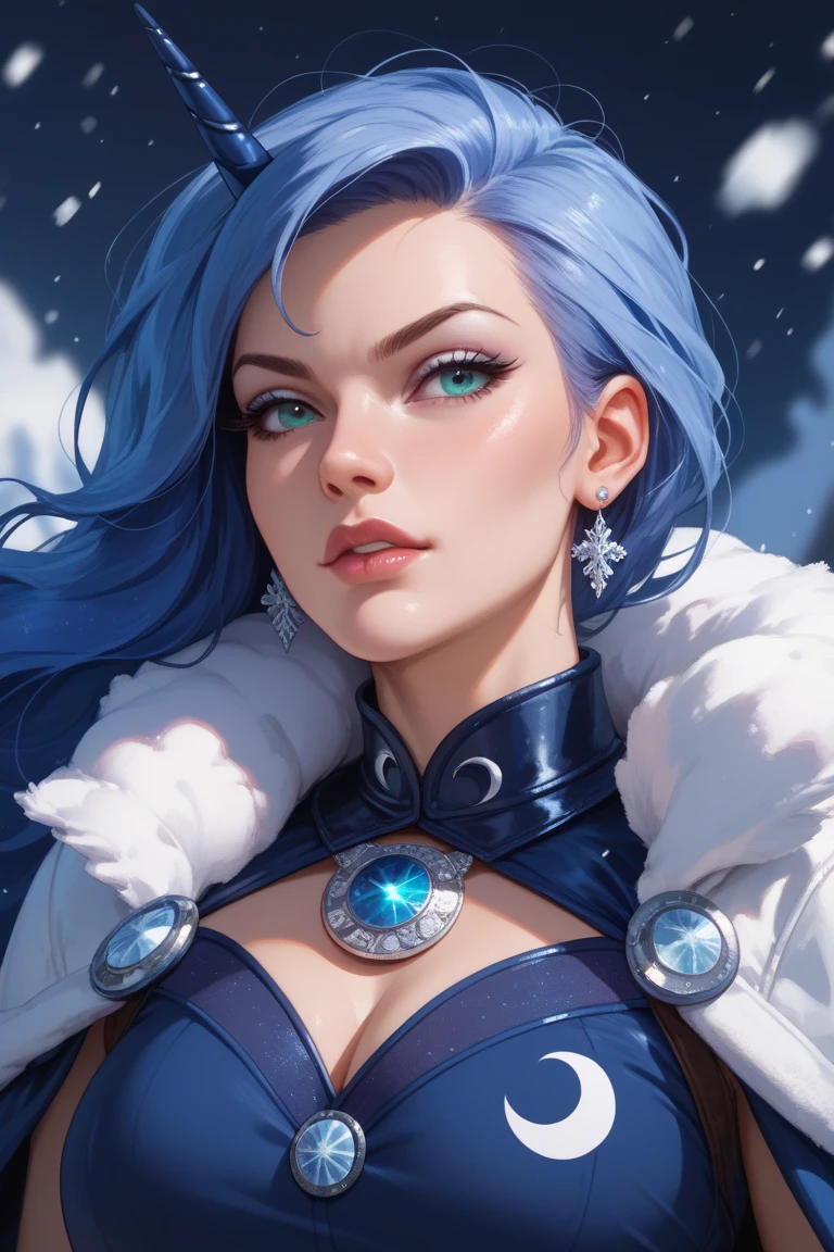 masterpiece, best quality, <lora:pkmnclair-nvwls-v1-000009:1> pkmnClair, ponytail, earrings, choker, cape, blue bodysuit, blue gloves, bracelet, large breasts, furrowed brow, night sky, mountains, alpine forest, from side, looking at viewer, standing, cowboy shot