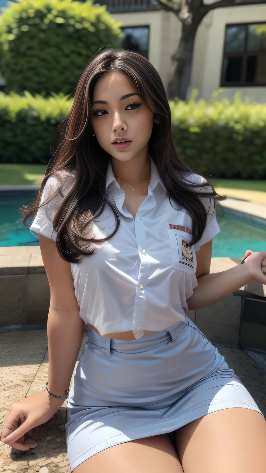 Overhead View, 1girl, (uniform), sits with her legs pressed to her chest, outdoors, detailed Metropolitan city at the background, detailed face, detailed eyes, brunette, big breasts, smooth realistic skin, semi-curvy body, white shirt, grey blue hot miniskirt , looking at the audience, (8k, RAW photo, best quality, masterpiece: 1.2), (realistic, realistic: 1.37), ultra-high resolution