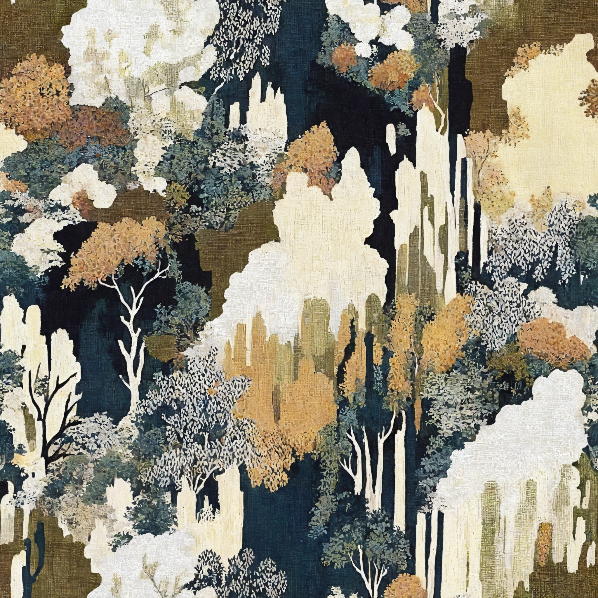 Tapestry Closeup of Trees and Shrubs, forest details , Abstract natural , Detailed forest , Fractal Forest, Fabulous Flower Hills , Textile Printing, surreal forest, Oriental Wallpaper , Forest cleaning , Cascading, Inspiration,Inspired by Sesshu , amazing depth, Bold Brushwork, lush landscape , fantastic forest, Psychedelic Forest , Dramatic Earth Colors