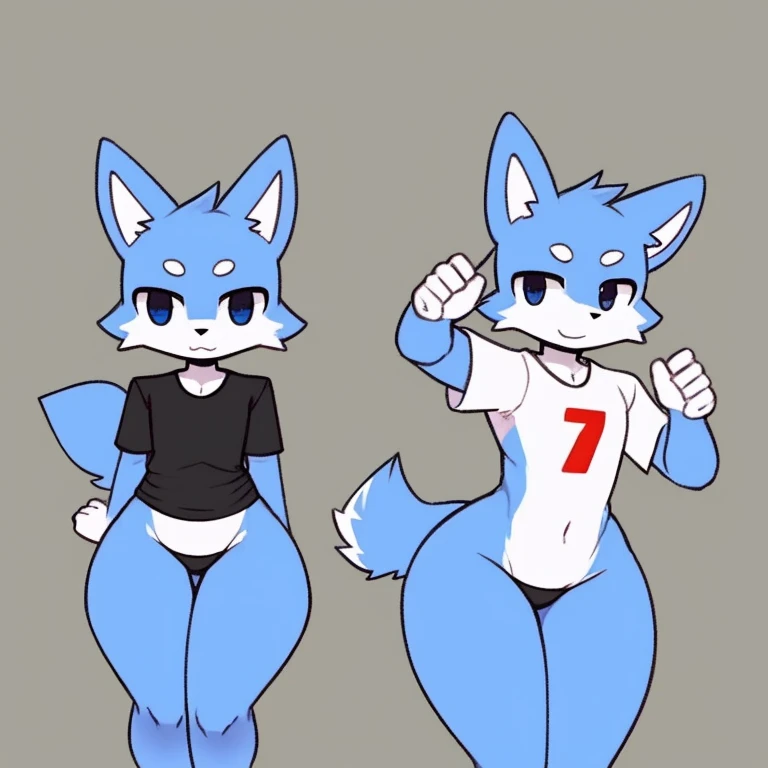 2girls, wolf and fox, furry, bodyfur, tail, collar, topless, jeans, long pants, gloves, boots, chibi, sparkling eyes, full body, big breasts, sunglasses, running, ground
