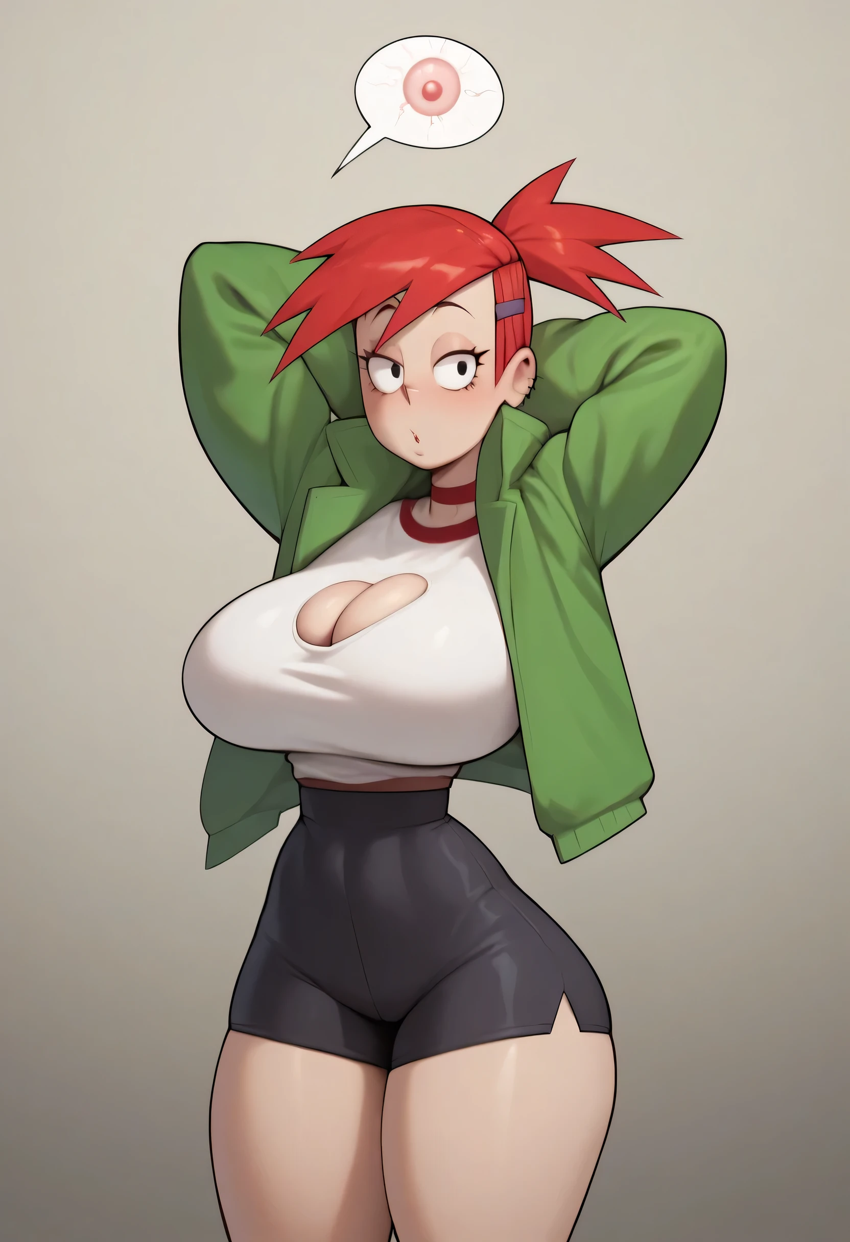 high quality,frankiefoster,Alone ,a green jacket , white shirt, black shorts, thick thighs and thin waist, fat ass, breasts,bursting breasts,Question mark,hands behind the head,looking at the viewer,(Dialogue bubble Sperm and egg fertilization)