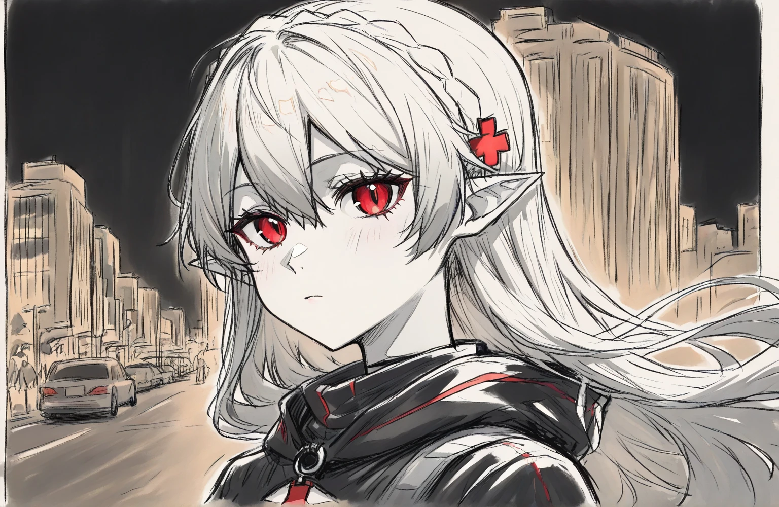 ( very beautiful night view of a big city)。(((portrait))),is standing。My hair is fluttering in the wind。(((Strong winds))), melancholy expression ,,,((profile))。sideview。Fromside。1girl,(Warfarin)),((Warfarin_\(arknights\))), Warfarin_\(arknights\), Gray Hair。longhair。 pointed ears。Red eyes。 black hoodie 。 sepia color 。 white skin。 ((partially colored)), (((rough sketch))) , graphite (medium), , linear hatching, great quality,( Flat Color ), very aesthetic, hatching (texture),,, colored pencil (medium), ((sketch)),Majo_PS