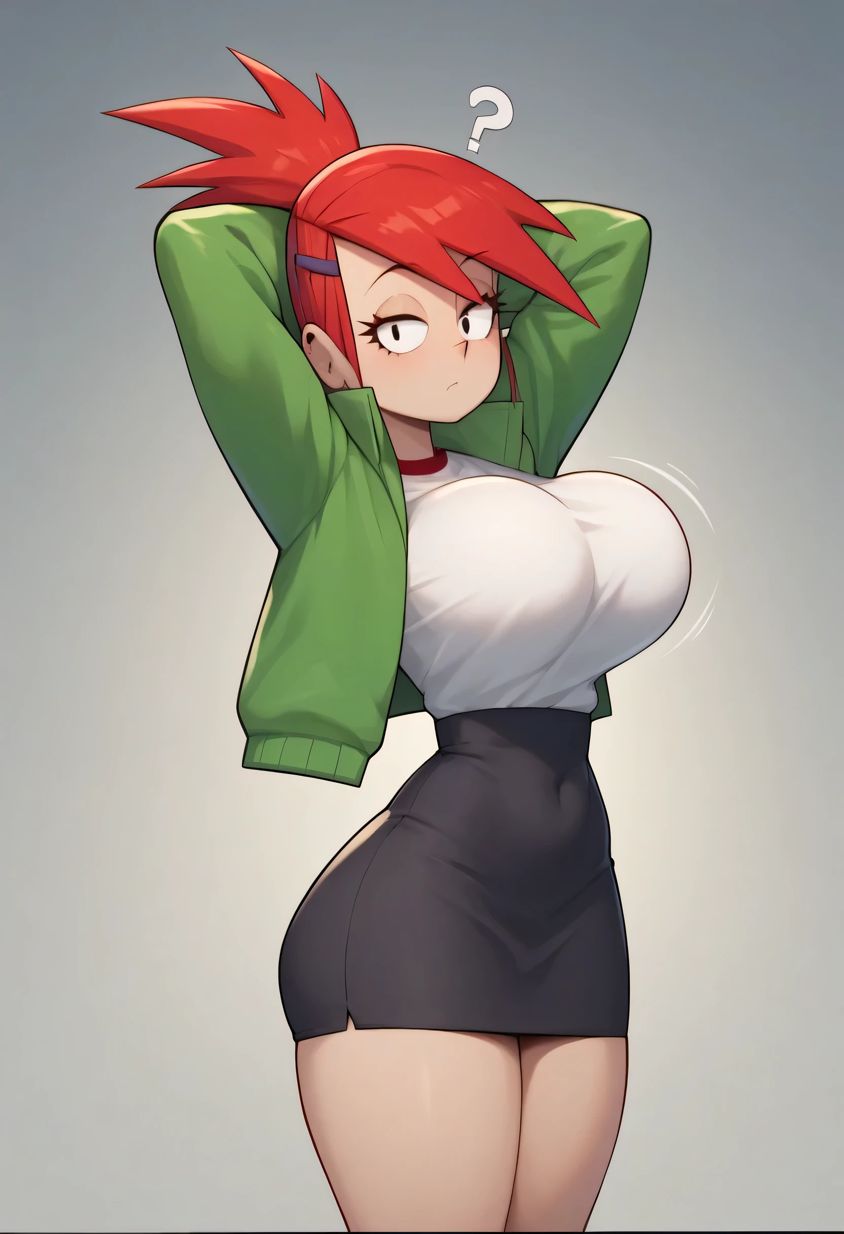 high quality,frankiefoster,Alone ,a green jacket , white shirt, black shorts, thick thighs and thin waist, fat ass, breasts,bursting breasts, bouncing breasts,Question mark,hands behind the head,looking at the viewer,