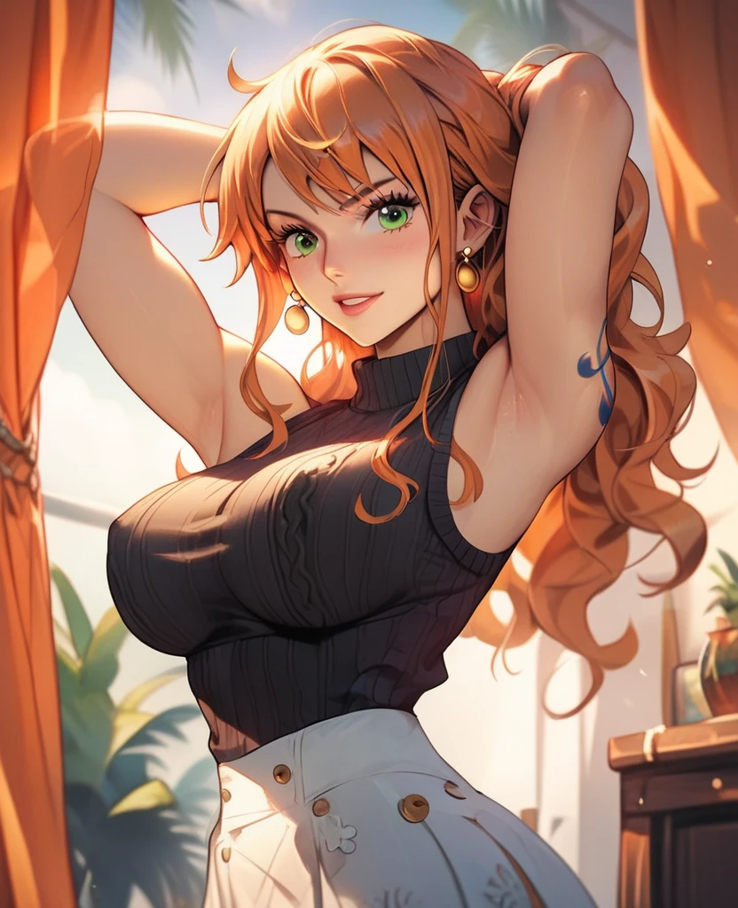 A full-color half-body portrait of the ideal beautiful Hispanic woman (((24 years old, wavy hair, wide hips, big butt, sultry, flirty smile, flirty eyes, flirty expression, perky breasts, hands on her hips, crop top and pleated skirt))) comforting the viewer, Highly detailed eyes, in an apartment