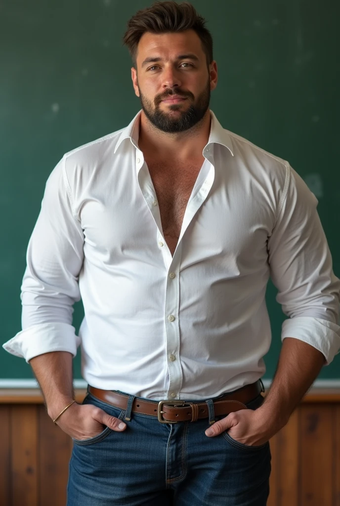 hairy(stocky) hot hunk, teacher, formal wears, open shirt, classroom, blackboard, teaching, beard, dadbody, super hairy body, hairy chest, social pants