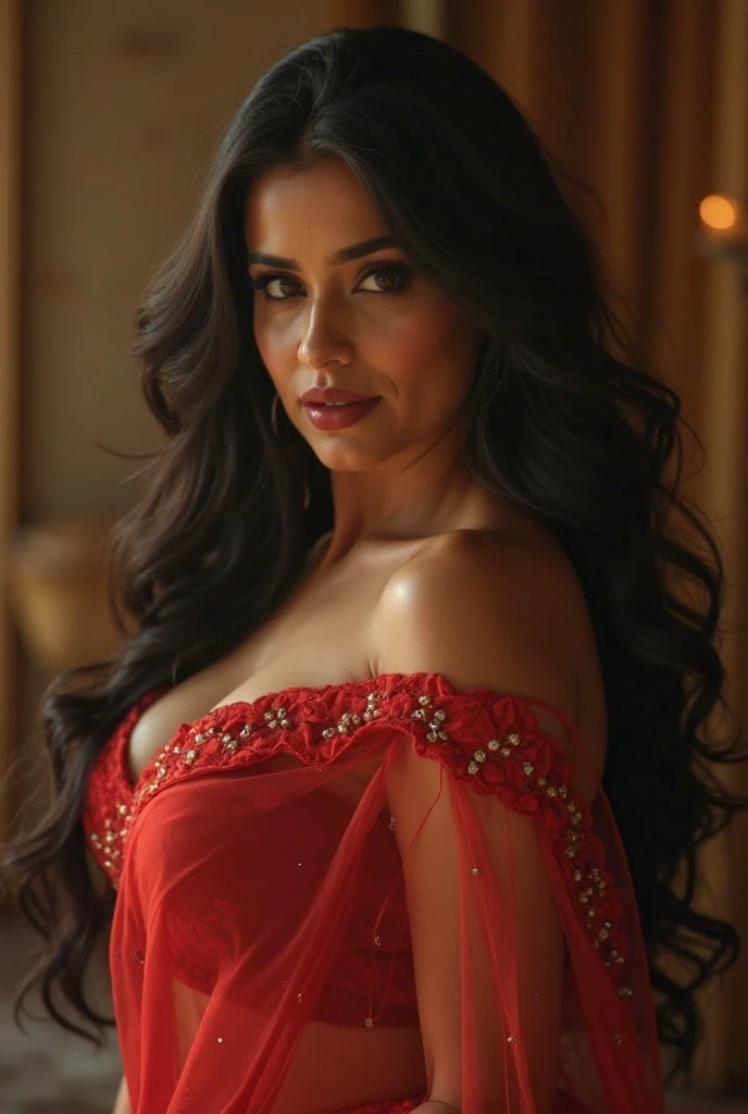 A beautiful gypsy, Maria Padilha, flowing curly black hair, detailed dark face, brown eyes, detailed lashes and eyebrows, mascara and blush makeup, happy expression, silver earrings detailed with red stones, large breasts, choker and red scarf on her head, equally detailed with coins, wearing a beautiful black dress, colorful sash at the waist, ruffles, chains, black and red lace on the lap and arms, at night, in a dynamic pose, house background made of aged material, a lamp on the wall illuminating her thick hair , a breathtaking image, in the highest quality, 8k. UHD.